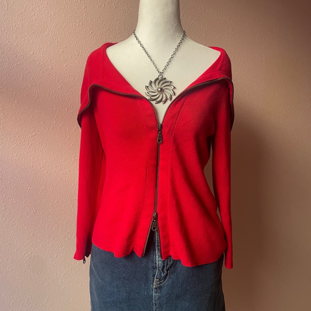 2000s Y2K Red Asymmetric Zip Up‎ Sweater Blouse